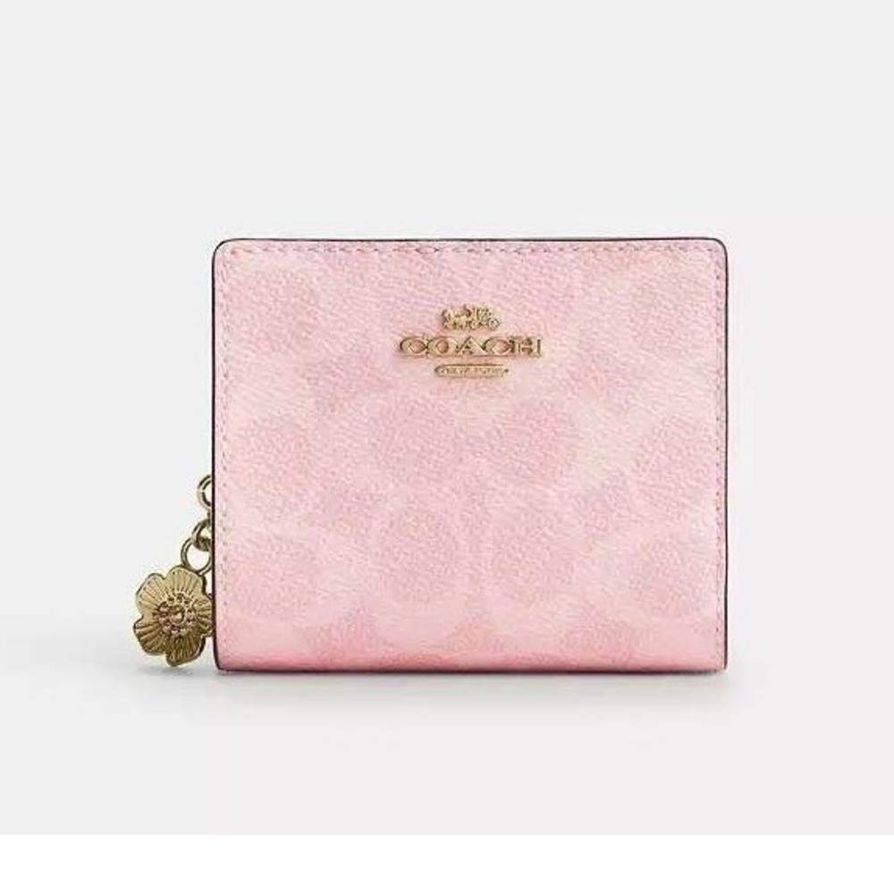 Coach Snap Wallet Signature Canvas Powder Pink Gold New Charm CEC34